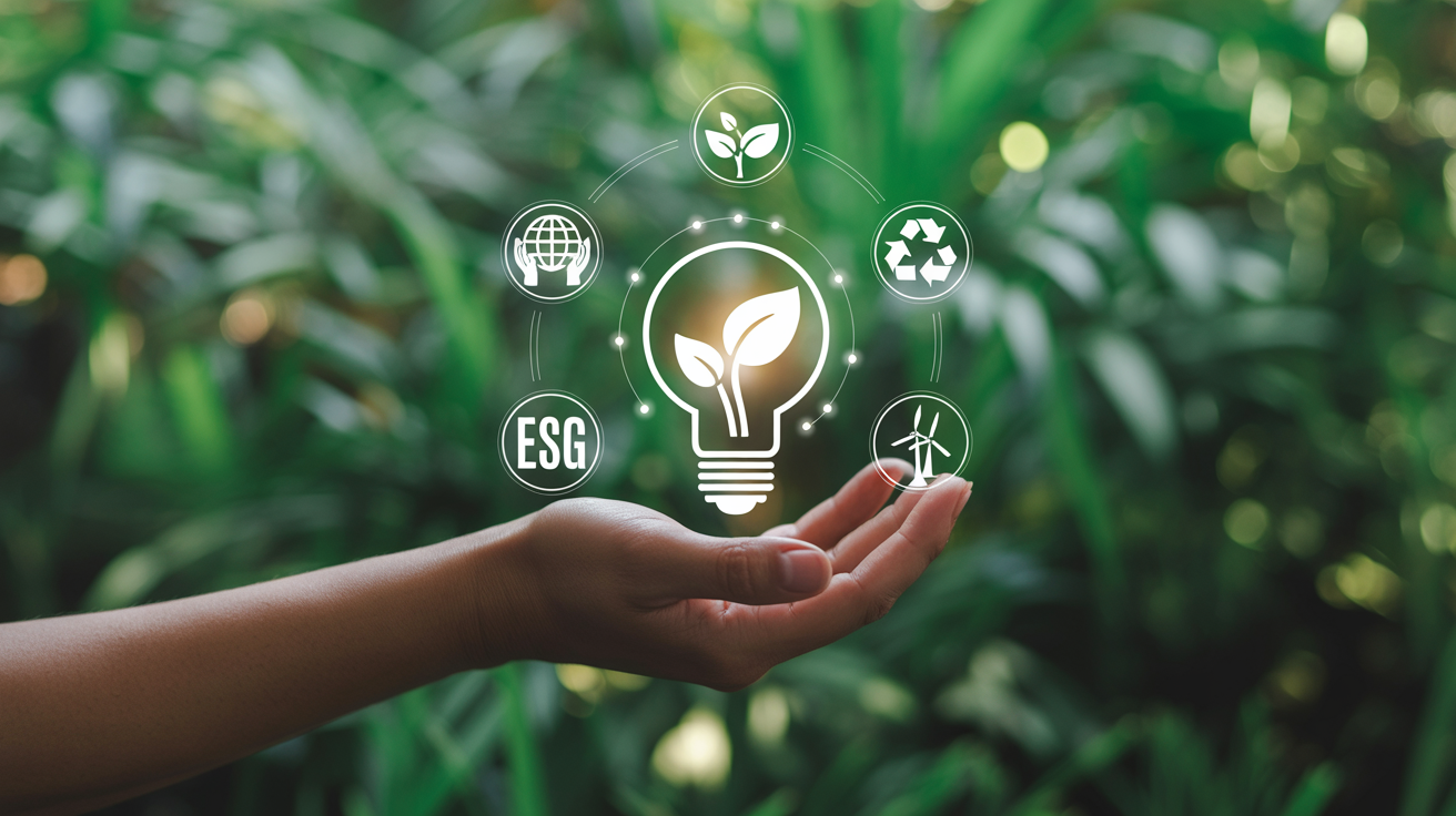 Grafische Darstellung einer ESG-Gap-Analyse: Auf der linken Seite stehen Schlagwörter wie 'Gesetzeslage', 'Standards', 'Lückenanalyse' und 'Massnahmenplanung'. In der Mitte ein Trichter- oder Stufenmodell, das verschiedene ESG-Aspekte bündelt – etwa Berichtsstandards (GRI, ESRS, CSRD), bestehende Prozesse, KPIs und Dokumentationen. Auf der rechten Seite mündet das Modell in eine Liste konkreter Massnahmen, Prioritäten und Fristen. Farbige Symbole markieren Schweiz-spezifische und EU-bezogene Regelwerke. Das Bild vermittelt ein strukturiertes Vorgehen zur ESG-Gap-Analyse.