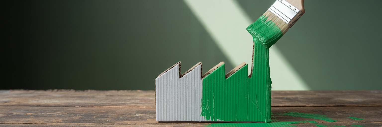 Symbolbild für Greenwashing-Prüfung durch Neosys: Kartonfabrik wird oberflächlich mit grüner Farbe übermalt – visuelle Kritik an scheinbarer Nachhaltigkeit.