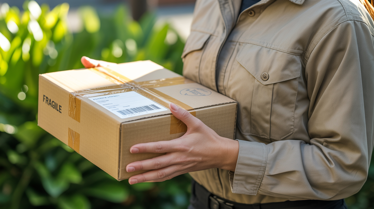 Paketbote übergibt ein Paket vor einem Elektrofahrzeug mit grünem Logo – Symbol für umweltfreundliche Zustellung in nachhaltigen Lieferketten.