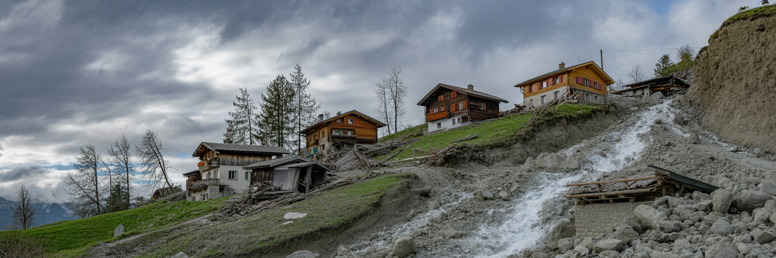 Klimarisikoanalyse Schweiz – Erdrutsch in den Alpen mit beschädigten Häusern als Folge extremer Wetterereignisse, visuelle Darstellung von Klimarisiken für Neosys-Beratung
