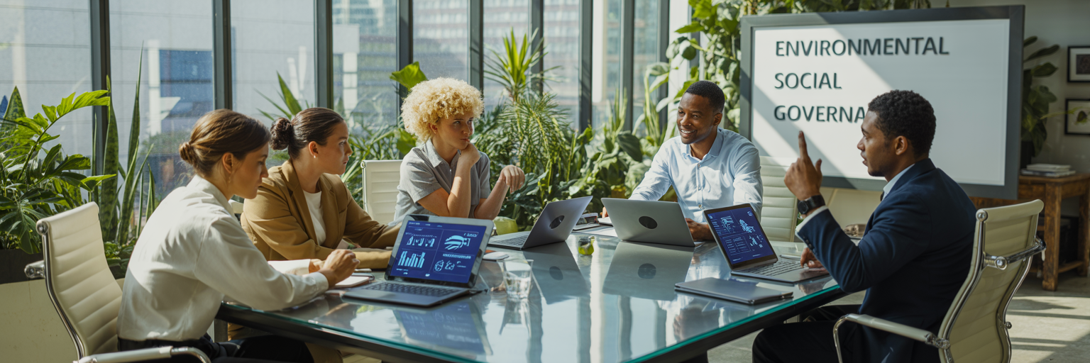 ESG-Strategieberatung im modernen Büro – interdisziplinäres Team analysiert Nachhaltigkeitsstrategien, Governance-Kriterien und soziale Verantwortung im Rahmen der Neosys-Dienstleistungen.